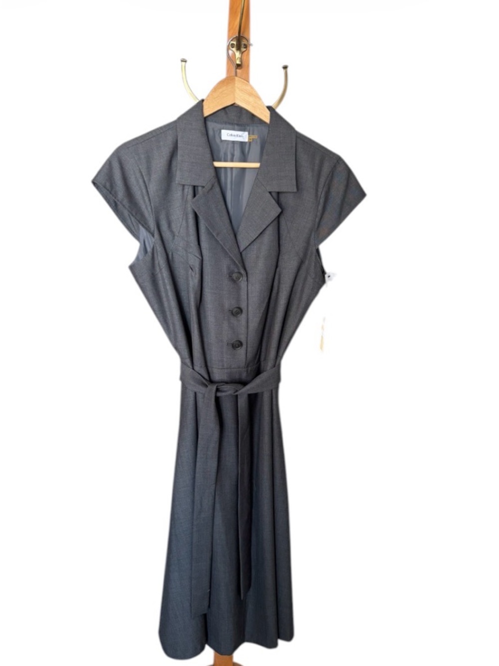 NWT Calvin Klein Grey Belted Cap-Sleeve Shirtdress Sz 14